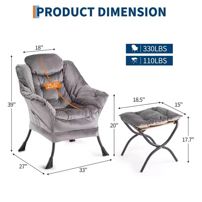 Fauteuil avec Ottomane - Canapé de lecture moderne, Fauteuil de loisirs avec Repose-pieds, Pochette latérale, pour Salon, Chambre, Dortoir et Bureau
