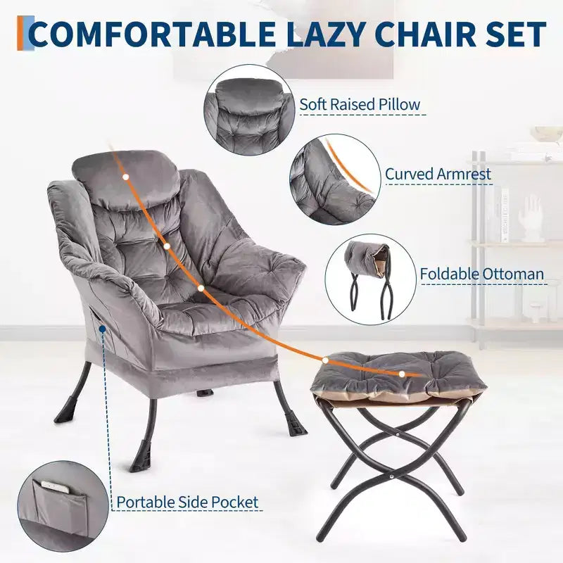 Fauteuil avec Ottomane - Canapé de lecture moderne, Fauteuil de loisirs avec Repose-pieds, Pochette latérale, pour Salon, Chambre, Dortoir et Bureau