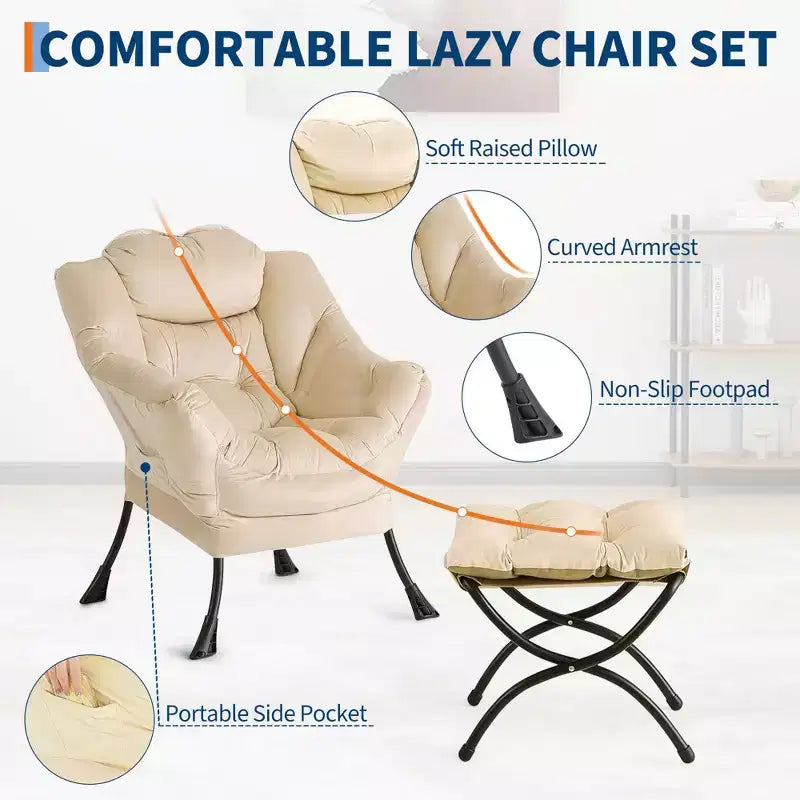 Fauteuil avec Ottomane - Canapé de lecture moderne, Fauteuil de loisirs avec Repose-pieds, Pochette latérale, pour Salon, Chambre, Dortoir et Bureau
