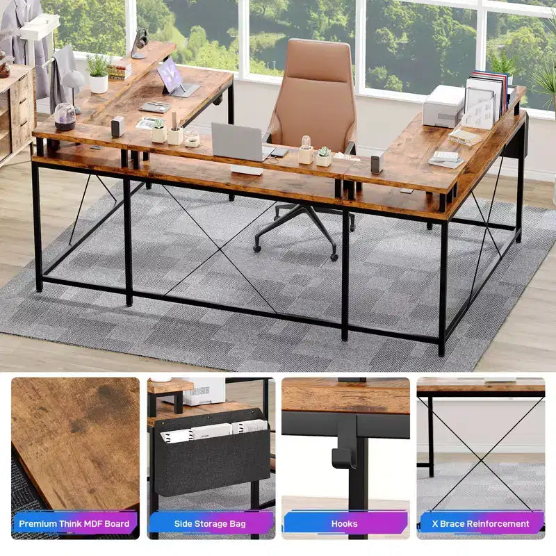 Bureau d'angle en U pour jeux vidéo avec prises électriques et lumières LED, support d'écran, grand bureau d'angle