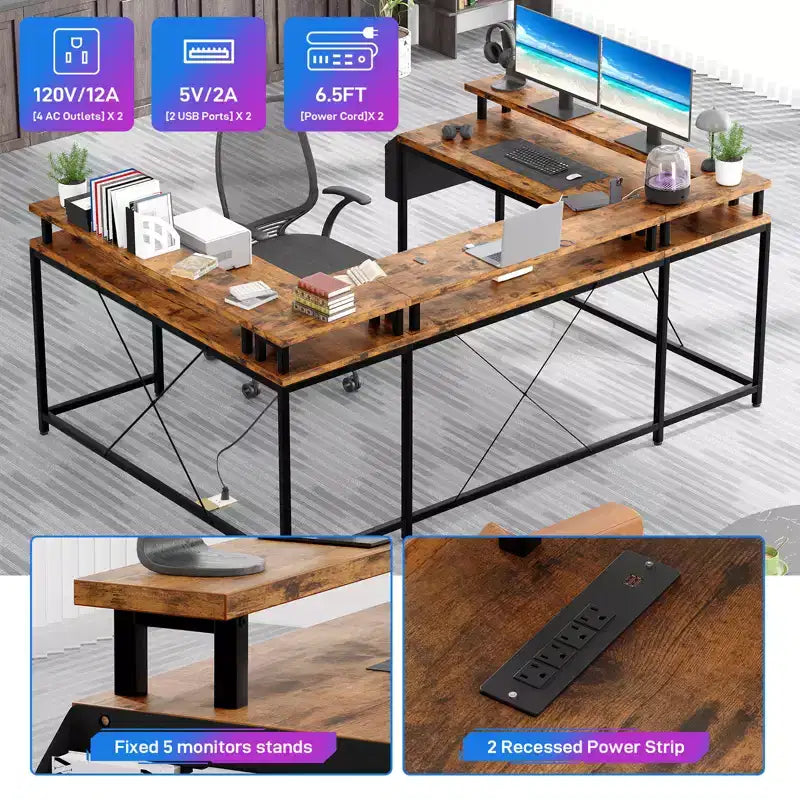 Bureau d'angle en U pour jeux vidéo avec prises électriques et lumières LED, support d'écran, grand bureau d'angle