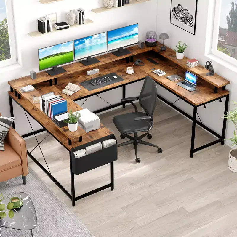 Bureau d'angle en U pour jeux vidéo avec prises électriques et lumières LED, support d'écran, grand bureau d'angle
