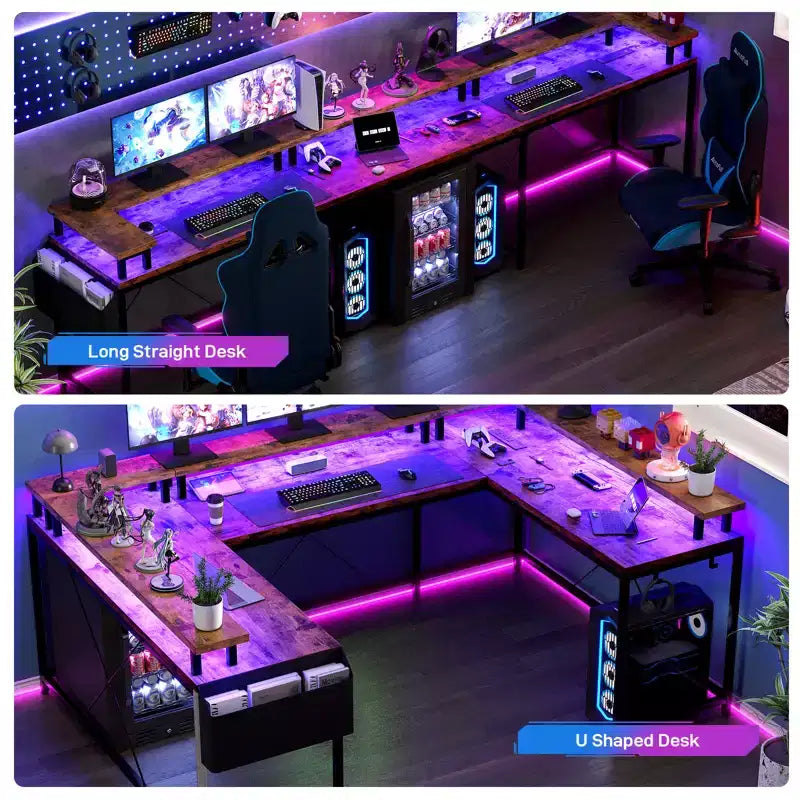 Bureau d'angle en U pour jeux vidéo avec prises électriques et lumières LED, support d'écran, grand bureau d'angle