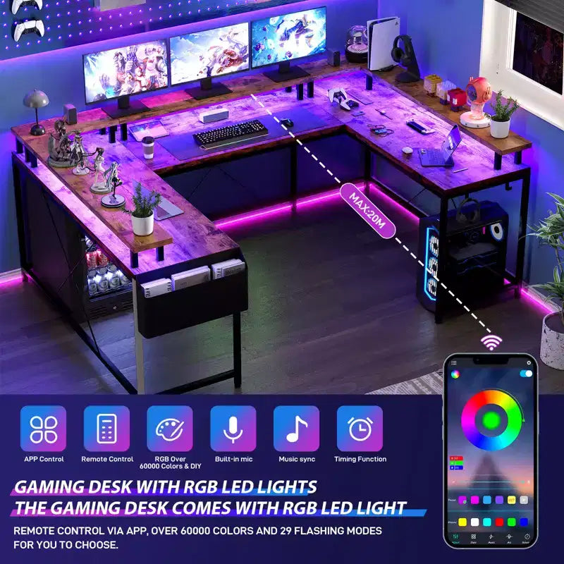 Bureau d'angle en U pour jeux vidéo avec prises électriques et lumières LED, support d'écran, grand bureau d'angle