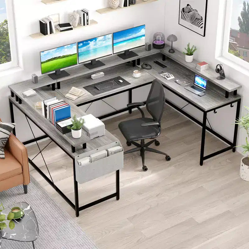 Bureau d'angle en U pour jeux vidéo avec prises électriques et lumières LED, support d'écran, grand bureau d'angle