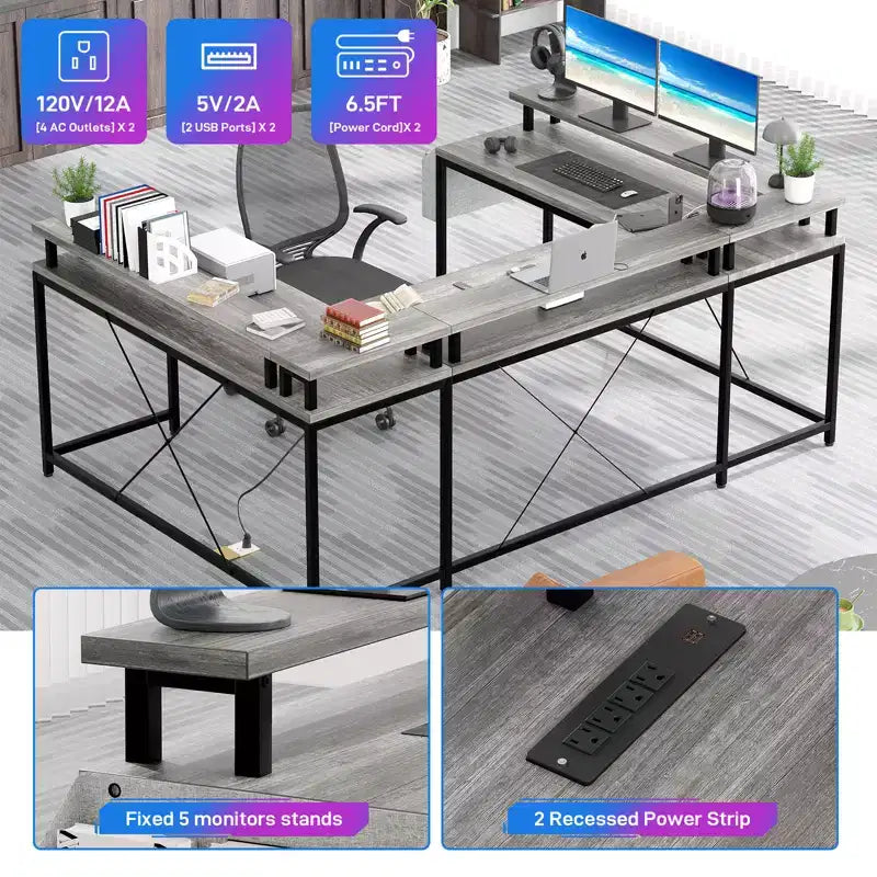 Bureau d'angle en U pour jeux vidéo avec prises électriques et lumières LED, support d'écran, grand bureau d'angle