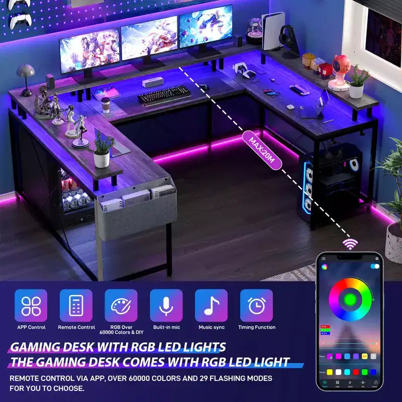 Bureau d'angle en U pour jeux vidéo avec prises électriques et lumières LED, support d'écran, grand bureau d'angle
