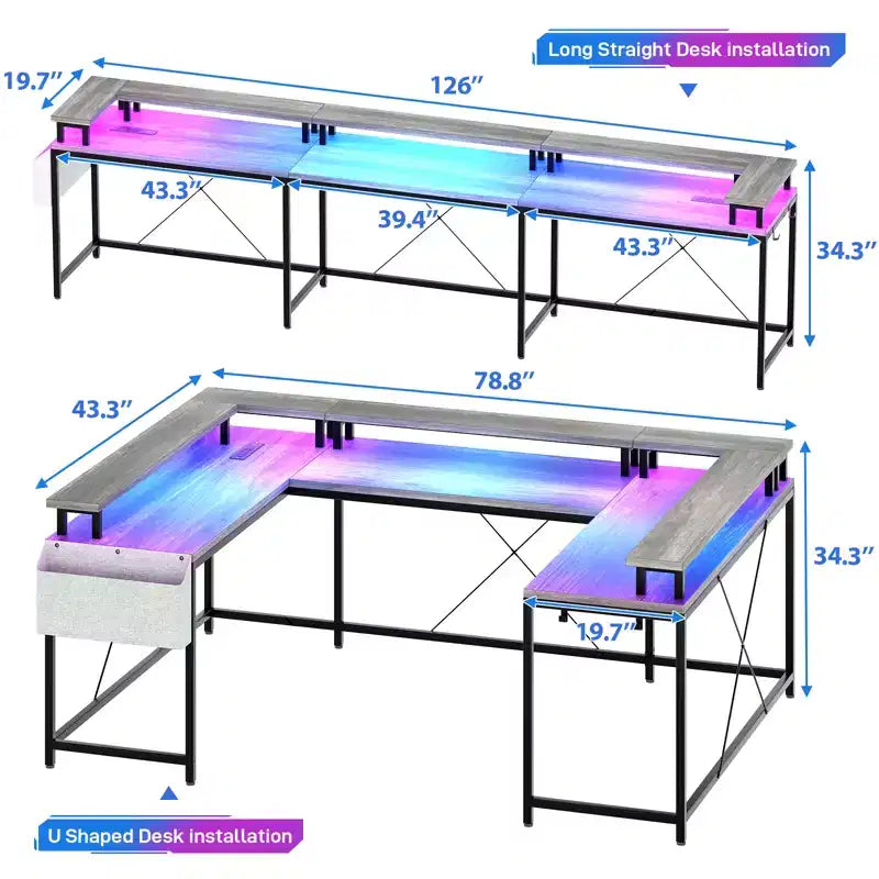 Bureau d'angle en U pour jeux vidéo avec prises électriques et lumières LED, support d'écran, grand bureau d'angle