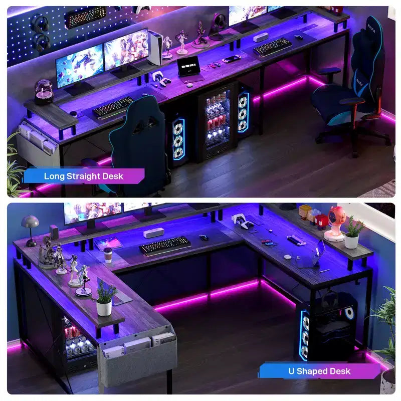 Bureau d'angle en U pour jeux vidéo avec prises électriques et lumières LED, support d'écran, grand bureau d'angle
