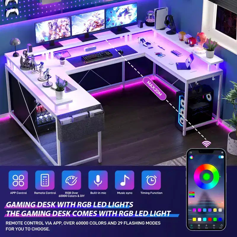Bureau d'angle en U pour jeux vidéo avec prises électriques et lumières LED, support d'écran, grand bureau d'angle
