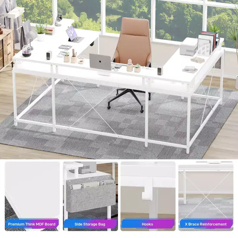Bureau d'angle en U pour jeux vidéo avec prises électriques et lumières LED, support d'écran, grand bureau d'angle