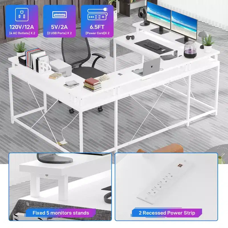 Bureau d'angle en U pour jeux vidéo avec prises électriques et lumières LED, support d'écran, grand bureau d'angle