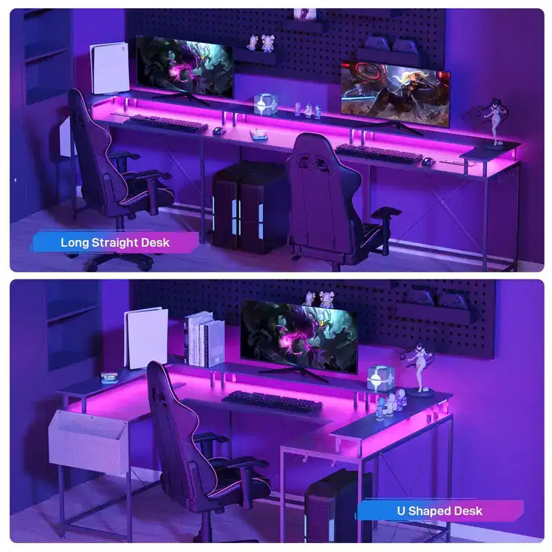 Bureau d'angle en U pour jeux vidéo avec prises électriques et lumières LED, support d'écran, grand bureau d'angle