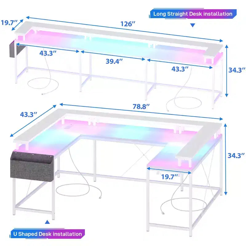 Bureau d'angle en U pour jeux vidéo avec prises électriques et lumières LED, support d'écran, grand bureau d'angle