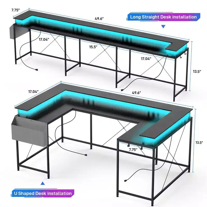 Bureau d'angle en U pour jeux vidéo avec prises électriques et lumières LED, support d'écran, grand bureau d'angle
