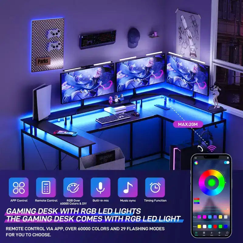 Bureau d'angle en U pour jeux vidéo avec prises électriques et lumières LED, support d'écran, grand bureau d'angle