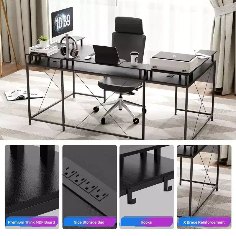 Bureau d'angle en U pour jeux vidéo avec prises électriques et lumières LED, support d'écran, grand bureau d'angle