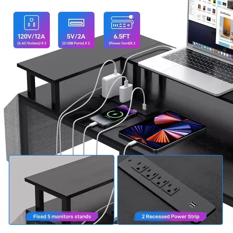 Bureau d'angle en U pour jeux vidéo avec prises électriques et lumières LED, support d'écran, grand bureau d'angle