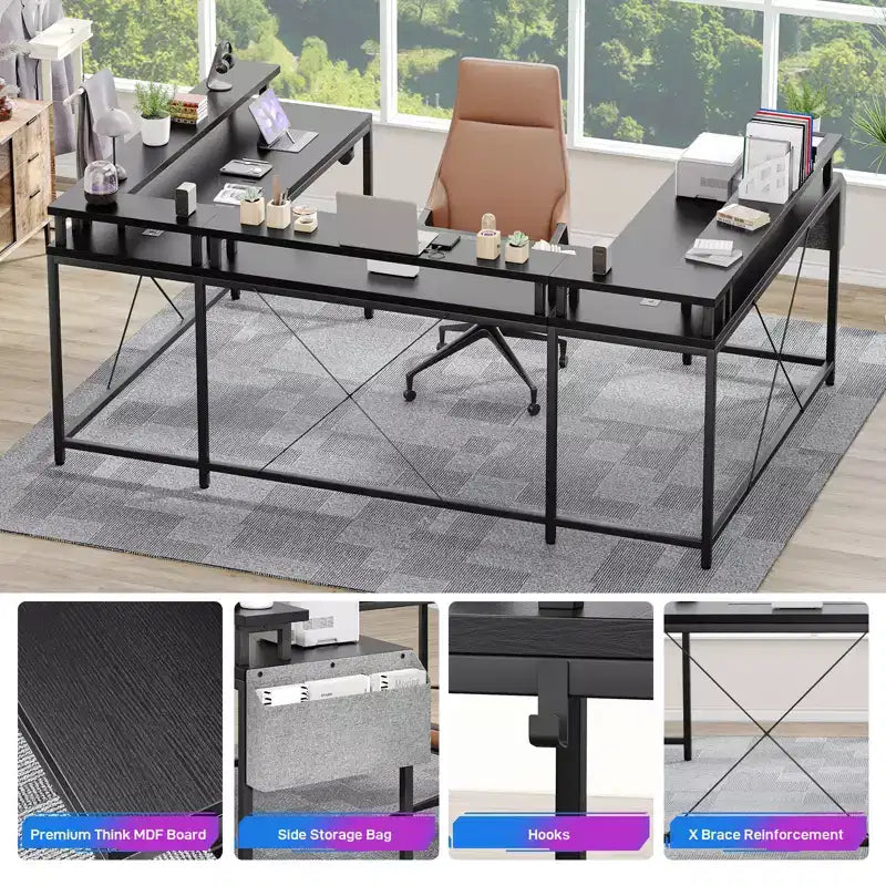 Bureau d'angle en U pour jeux vidéo avec prises électriques et lumières LED, support d'écran, grand bureau d'angle