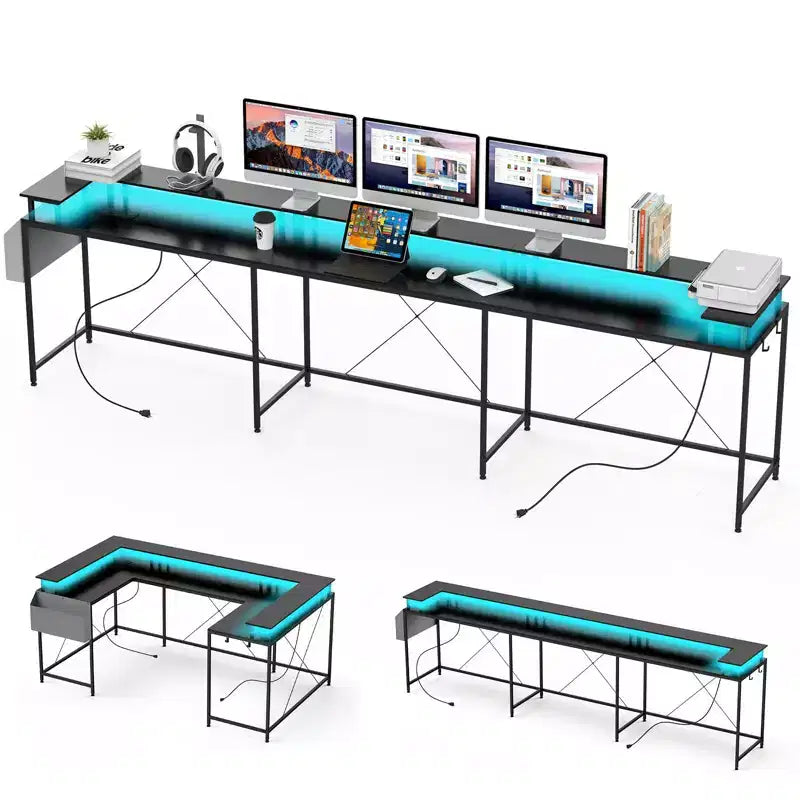 U Shaped Computer Gaming Desk with Power Outlets & LED Lights, Monitor Stand, Large Corner Desk