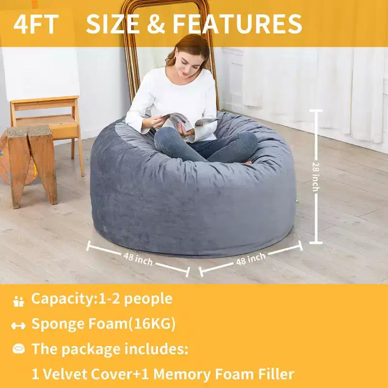 Pouf géant en mousse à mémoire de forme de 120 cm pour adultes, grand canapé avec housse amovible en microfibre moelleuse de 1,2 m