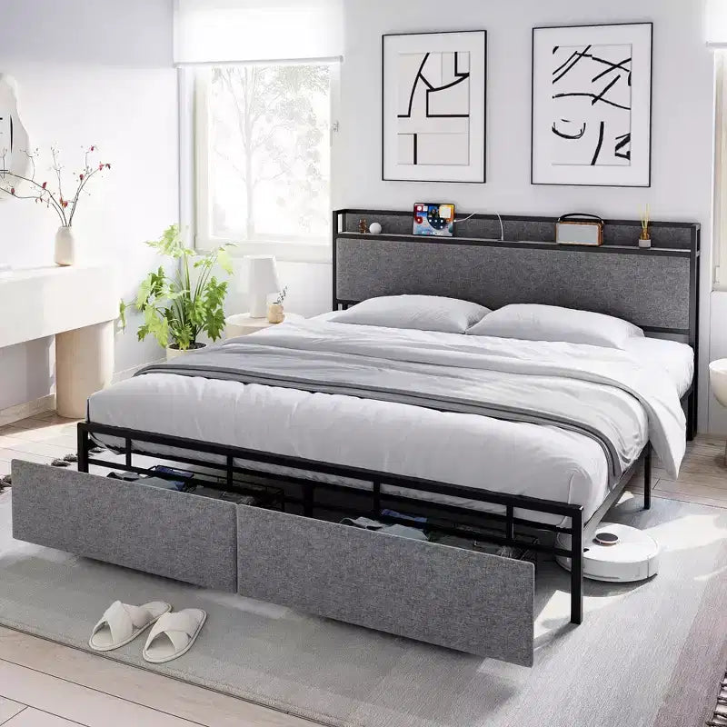 Bed Frame with Drawers, Platform Bed Frame with Storage & Charging Station Headboard, No Box Spring Needed, Easy Assembly, Noise Free, Gray