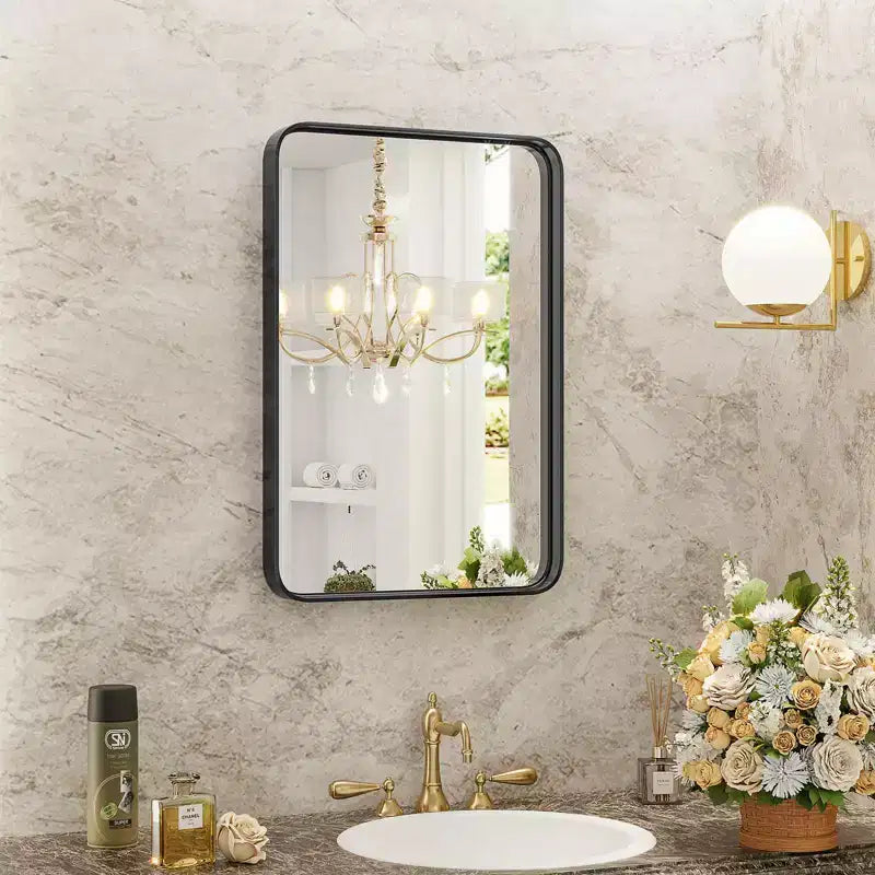 Okak Modern Black Rectangle Tempered Glass Bathroom Mirror Vanity Mirror,Aluminum Alloy Framed Wall Mirror for Bathroom
