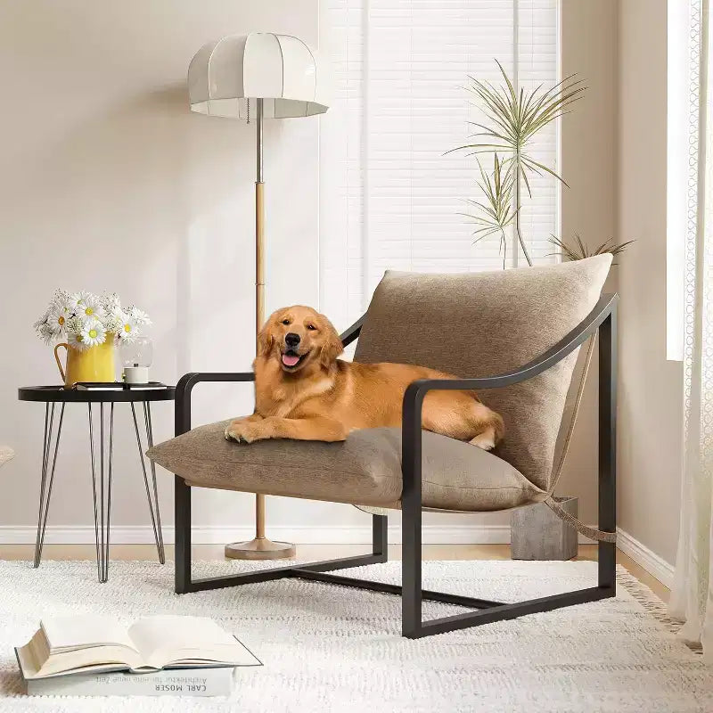 Fauteuil d'appoint moderne, chaise de lecture avec accoudoirs et cadre en métal, coussin en mousse souple, fauteuil rembourré en forme de hamac supportant jusqu'à 127 kg pour salon, chambre à coucher