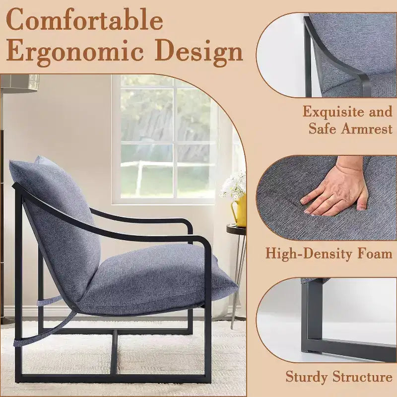 Fauteuil d'appoint moderne, chaise de lecture avec accoudoirs et cadre en métal, coussin en mousse souple, fauteuil rembourré en forme de hamac supportant jusqu'à 127 kg pour salon, chambre à coucher