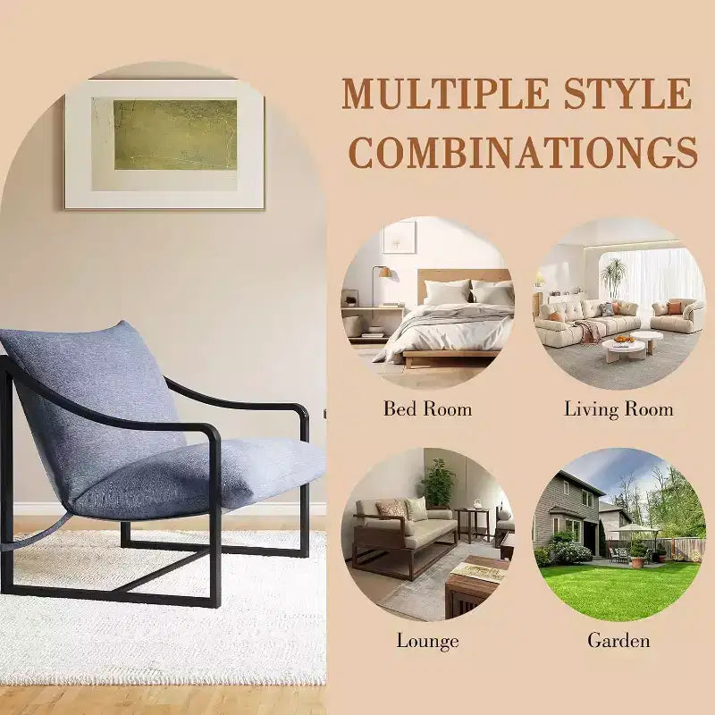 Fauteuil d'appoint moderne, chaise de lecture avec accoudoirs et cadre en métal, coussin en mousse souple, fauteuil rembourré en forme de hamac supportant jusqu'à 127 kg pour salon, chambre à coucher