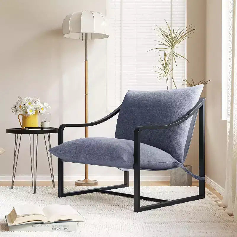 Fauteuil d'appoint moderne, chaise de lecture avec accoudoirs et cadre en métal, coussin en mousse souple, fauteuil rembourré en forme de hamac supportant jusqu'à 127 kg pour salon, chambre à coucher