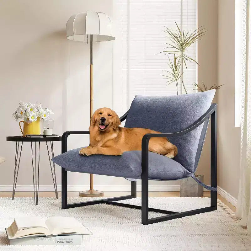 Fauteuil d'appoint moderne, chaise de lecture avec accoudoirs et cadre en métal, coussin en mousse souple, fauteuil rembourré en forme de hamac supportant jusqu'à 127 kg pour salon, chambre à coucher