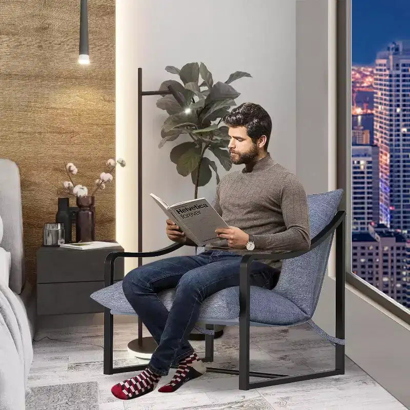 Fauteuil d'appoint moderne, chaise de lecture avec accoudoirs et cadre en métal, coussin en mousse souple, fauteuil rembourré en forme de hamac supportant jusqu'à 127 kg pour salon, chambre à coucher