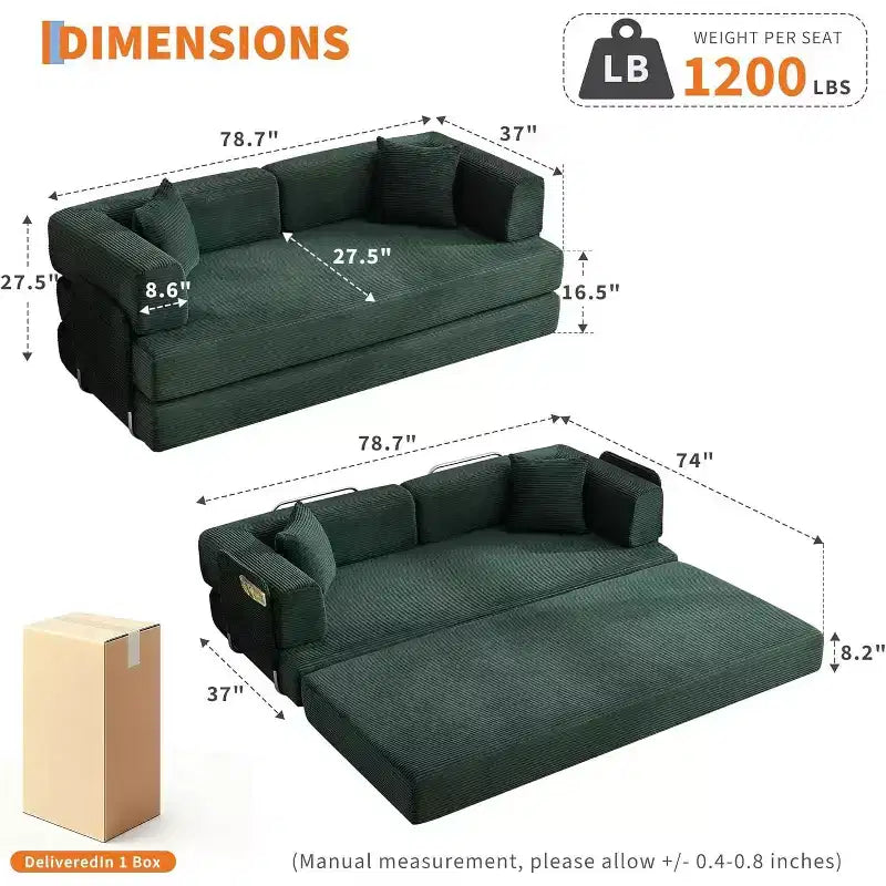 Canapé-lit convertible 5 en 1, canapé-lit modulaire en velours côtelé de 2 mètres avec cadre robuste, futon multifonctionnel pour petit espace, salon et chambre d'amis
