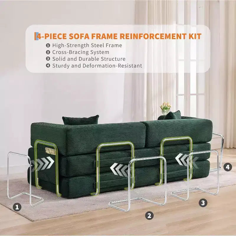 Canapé-lit convertible 5 en 1, canapé-lit modulaire en velours côtelé de 2 mètres avec cadre robuste, futon multifonctionnel pour petit espace, salon et chambre d'amis