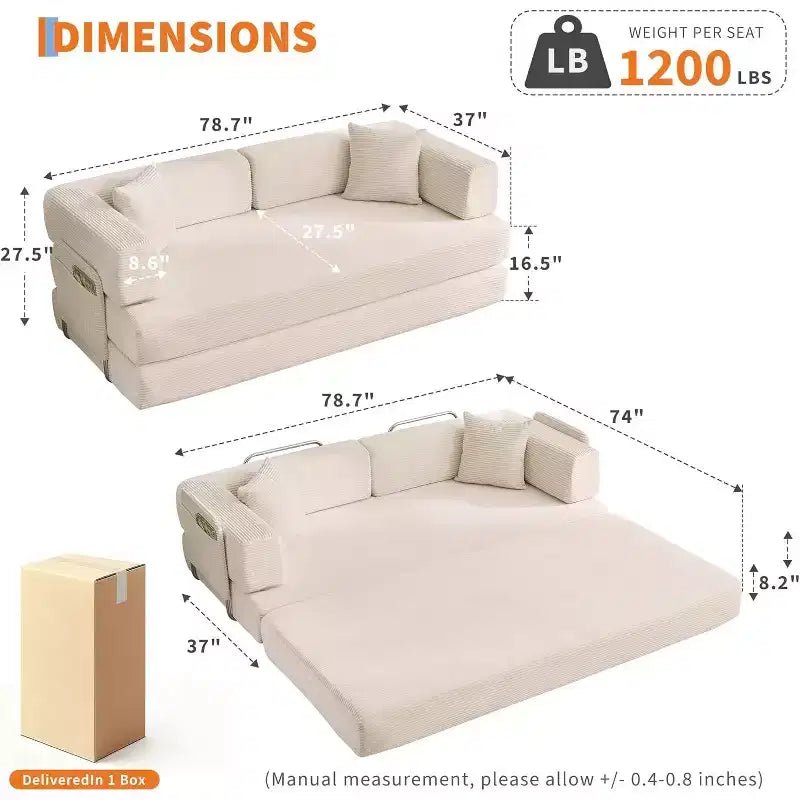 Canapé-lit convertible 5 en 1, canapé-lit modulaire en velours côtelé de 2 mètres avec cadre robuste, futon multifonctionnel pour petit espace, salon et chambre d'amis