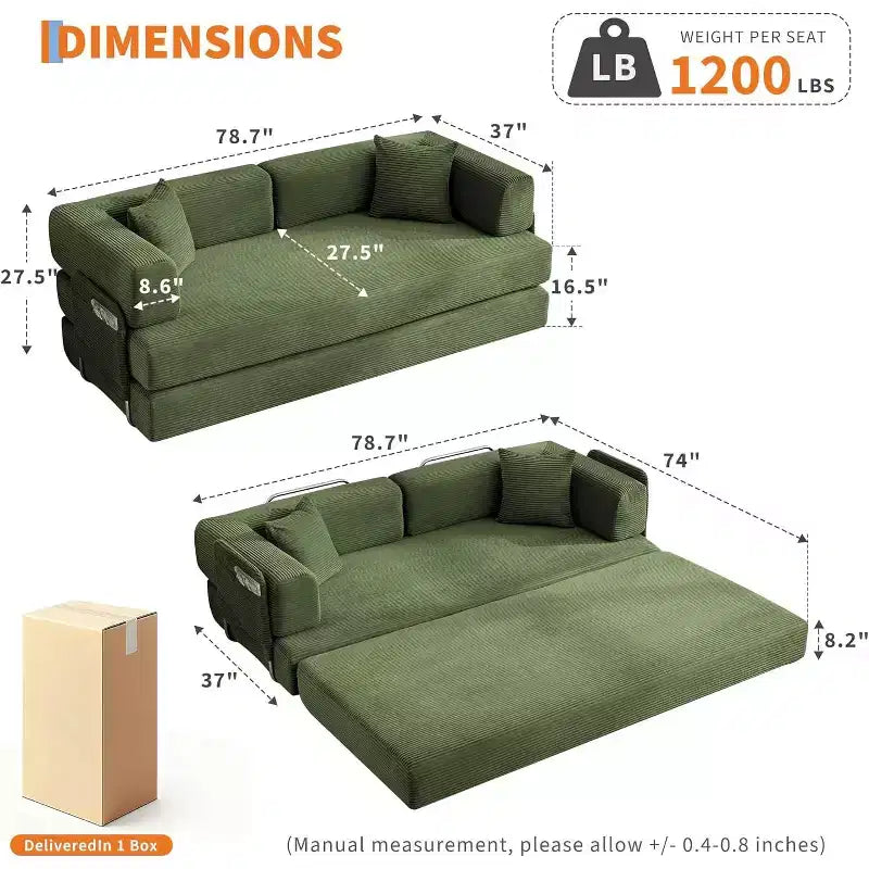 Canapé-lit convertible 5 en 1, canapé-lit modulaire en velours côtelé de 2 mètres avec cadre robuste, futon multifonctionnel pour petit espace, salon et chambre d'amis