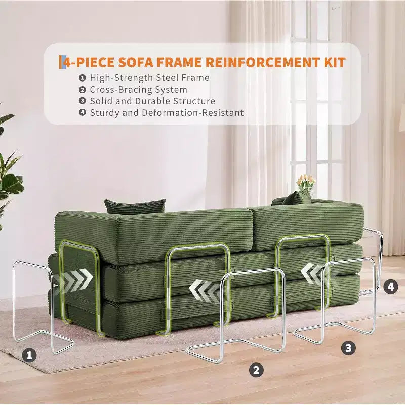 Canapé-lit convertible 5 en 1, canapé-lit modulaire en velours côtelé de 2 mètres avec cadre robuste, futon multifonctionnel pour petit espace, salon et chambre d'amis