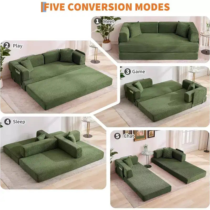 Canapé-lit convertible 5 en 1, canapé-lit modulaire en velours côtelé de 2 mètres avec cadre robuste, futon multifonctionnel pour petit espace, salon et chambre d'amis