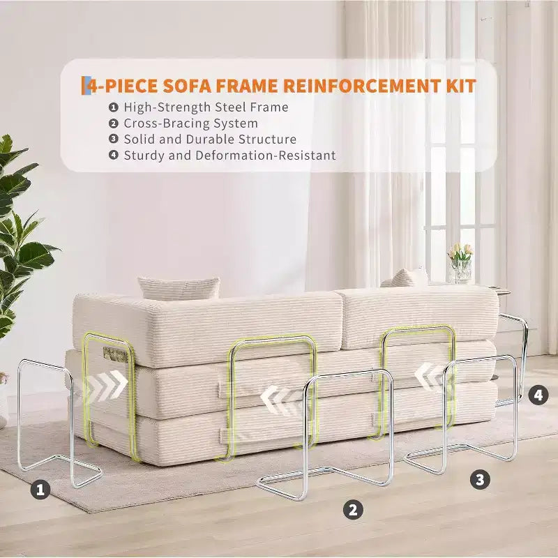 Canapé-lit convertible 5 en 1, canapé-lit modulaire en velours côtelé de 2 mètres avec cadre robuste, futon multifonctionnel pour petit espace, salon et chambre d'amis