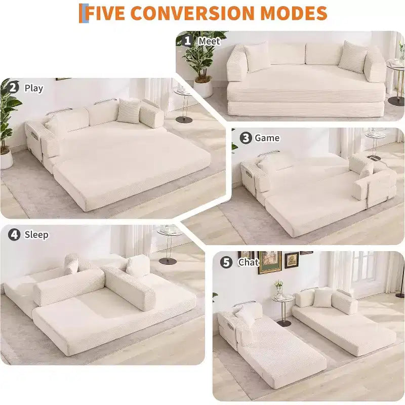 Canapé-lit convertible 5 en 1, canapé-lit modulaire en velours côtelé de 2 mètres avec cadre robuste, futon multifonctionnel pour petit espace, salon et chambre d'amis
