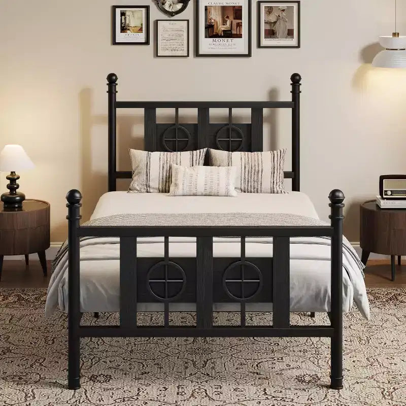 Bed Frame with Vintage Headboard & Footboard, Metal Frame with Under Bed Storage, No Box Spring Needed