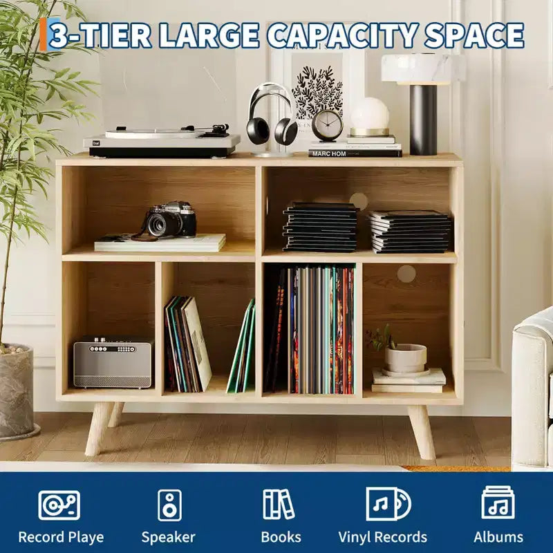 Meuble Platine Vinyle avec Rangement, Bibliothèque Décorative de 100 cm pour Platine Vinyle, Peut Contenir Jusqu'à 350 Albums, Meuble de Salon
