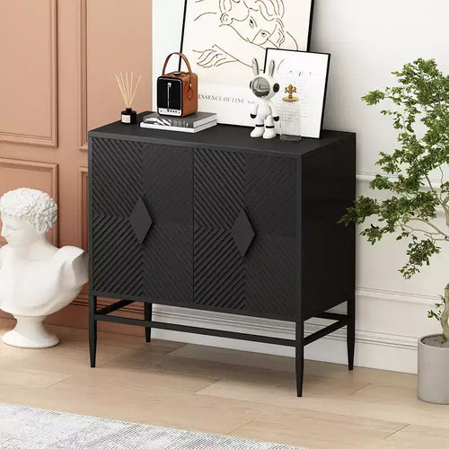 Buffet de rangement moderne de 80 cm avec 2 portes et pieds en métal, serveur en bois à 2 niveaux pour salle à manger ou entrée
