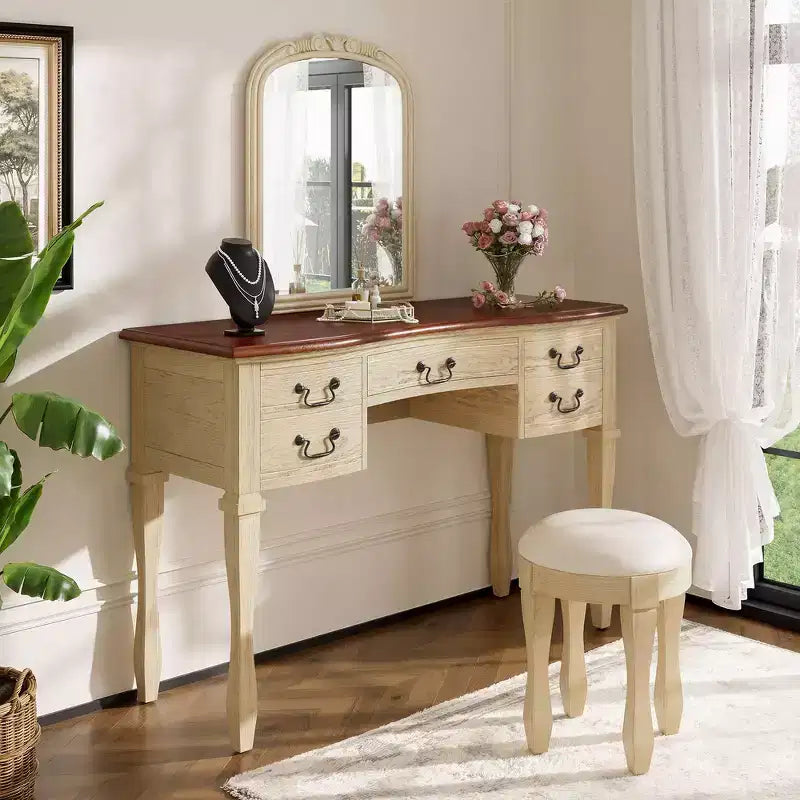 Whisen Vintage Makeup Vanity, Dressing Table with Curved Flower Frame Mirror, 5 Drawers and Leather Stool - Brown & Antique White