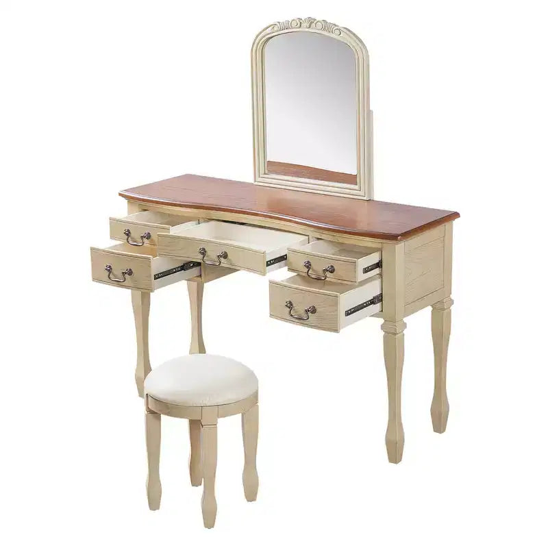 Coiffeuse Vintage, Table de Maquillage avec Miroir Incurvé à Cadre Floral, 5 Tiroirs et Tabouret en Cuir - Brun et Blanc Antique