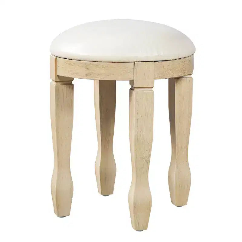 Coiffeuse Vintage, Table de Maquillage avec Miroir Incurvé à Cadre Floral, 5 Tiroirs et Tabouret en Cuir - Brun et Blanc Antique