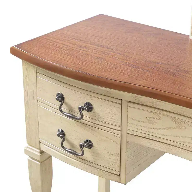 Coiffeuse Vintage, Table de Maquillage avec Miroir Incurvé à Cadre Floral, 5 Tiroirs et Tabouret en Cuir - Brun et Blanc Antique