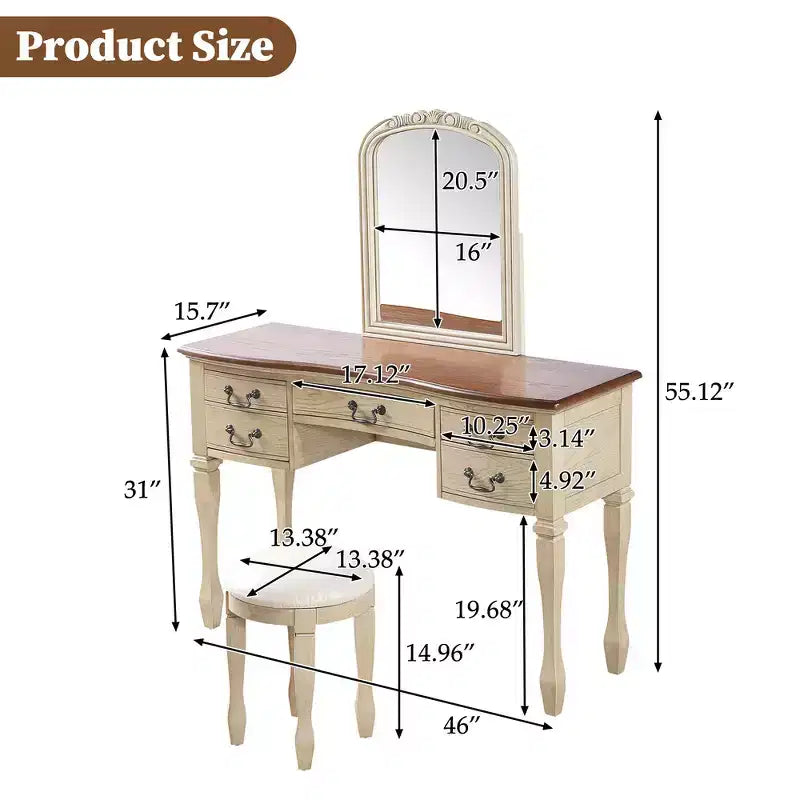 Coiffeuse Vintage, Table de Maquillage avec Miroir Incurvé à Cadre Floral, 5 Tiroirs et Tabouret en Cuir - Brun et Blanc Antique
