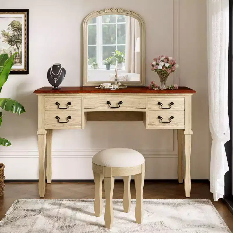 Coiffeuse Vintage, Table de Maquillage avec Miroir Incurvé à Cadre Floral, 5 Tiroirs et Tabouret en Cuir - Brun et Blanc Antique